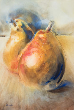 Kitchen watercolor painting of golden pears