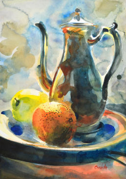 Kitchen watercolor painting of tea pitcher and fruit