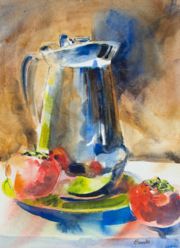 Kitchen watercolor painting of pitcher and tomatoes