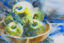 Kitchen art watercolor painting of green apples