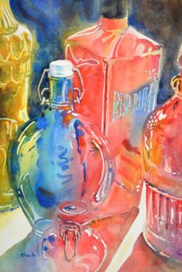 Watercolor painting of multi colored glass bottles