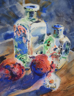 Kitchen art watercolor painting of bottles, onions and garlic
