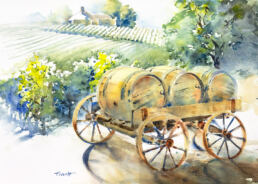 Wine Barrels on Vintage Wagon watercolor painting