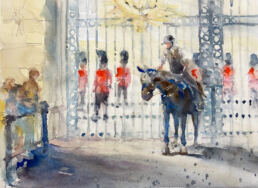 Watercolor study of Changing of the Guard at Buckingham Palace