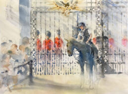 Watercolor painting of Changing of the Guard at Buckingham Palace
