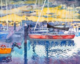 Watercolor and acrylic painting of a harbor in Seattle, WA