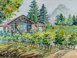 Watercolor painting of Stave and Stone Vineyard in Hood River, Oregon.
