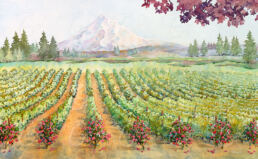 Watercolor painting of a sprawling vineyard with Mt. Hood in the background