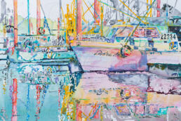 Water media painting of fishing boats