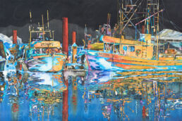 Water media painting of boats at Fishermen's Wharf at night, Vancouver, BC