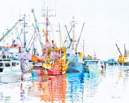 Water media painting of boats at Steveston Harbour, BC