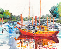 Water media painting of a boat at Steveston Harbour, BC