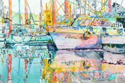 Water media painting of fishing boats