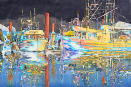 Water media painting of boats at Fishermen's Wharf at night, Vancouver, BC