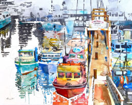 Water media painting of Fishermen's Wharf in Vancouver BC