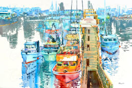 Water media painting of boats at Fishermen's Wharf, Vancouver, BC