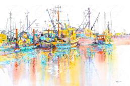 Large water media painting of boats at Steveston Harbour, BC