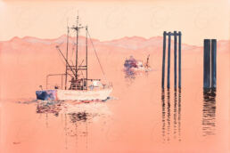 Water media painting of a sunset over Steveston Harbour