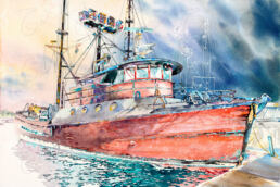 Water media painting of a commercial fishing boat