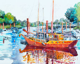 Water media painting of a boat at Steveston Harbour, BC