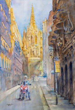 Watercolor painting of a Barcelona street with a sunlit cathedral in the background.