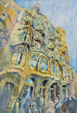 Watercolor painting of Casa Battlo in Barcelona, Spain.