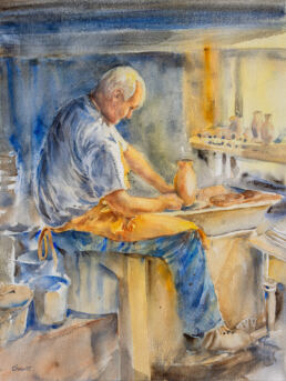 Watercolor painting of a potter throwing a vase in Cornwall, England.