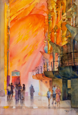 Watercolor painting of the brightly lit interior of La Sagrada Familia in Barcelona, Spain.
